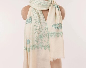 Natural Off White Pashmina Scarf with Green Hand Embroidery