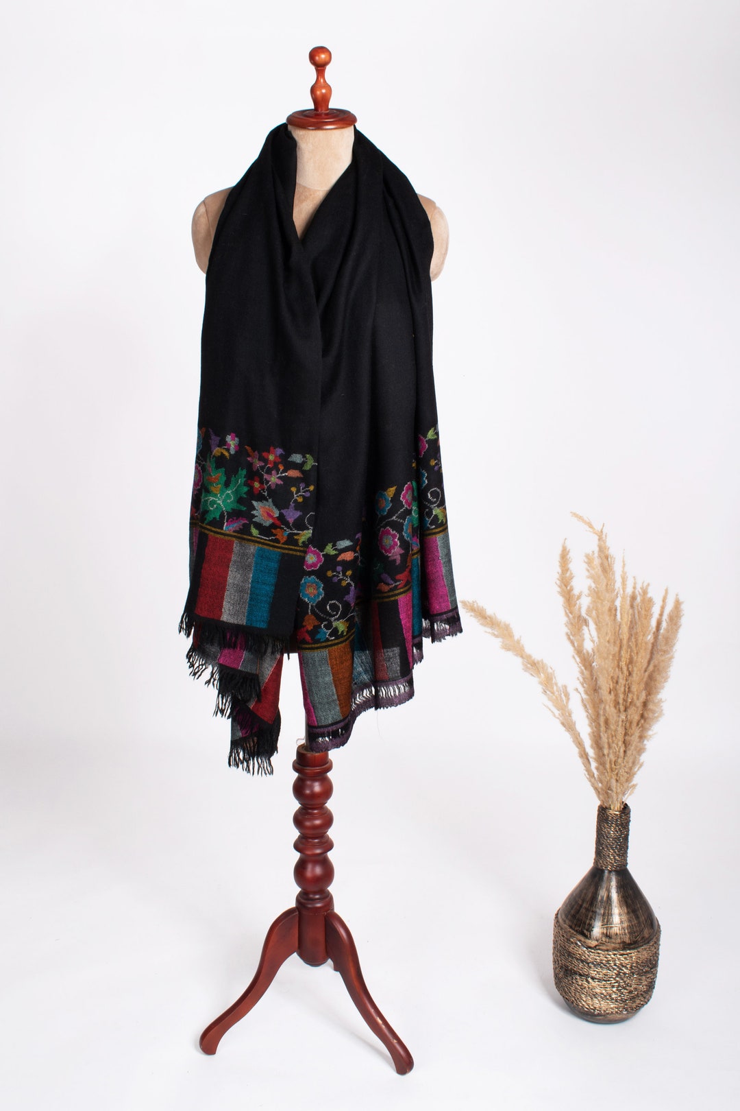 Châle Cachemire Kani Indien - 71x203 Cm | Laine Polylaine | Style Ethnique Pour Mariage Ou Soirée