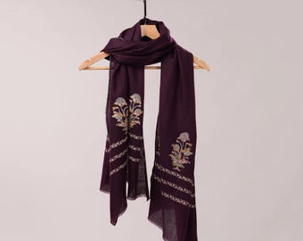 Wine Pashmina Scarf with Palla Sozni Mughal Hand Embroidery