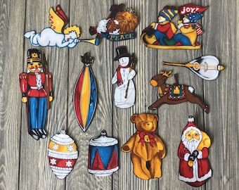 12 Piece Christmas Ornament Iron-On Cotton Fabric Appliques - Snowman, Reindeer, Santa Claus, Nutcracker & More