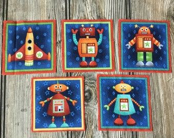 5 Toy Robot Iron-On Cotton Fabric Appliques 3.25" x 3.25" for DIY Projects