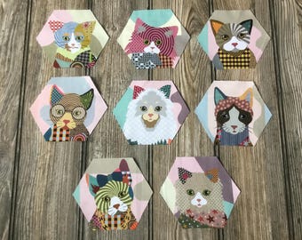 8 Hexagon Cat Iron-On Cotton Fabric Appliques for DIY Projects, Slow Stitching, Embroidery, Embellishment, Patchwork, Quilting & more