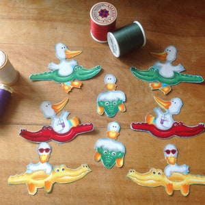 8 Piece Summer Fun Ducks Swimming in Alligator Floaties Iron-On Cotton Fabric Appliques, Collages