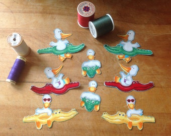 8 Piece Summer Fun Ducks Swimming in Alligator Floaties Iron-On Cotton Fabric Appliques, Collages
