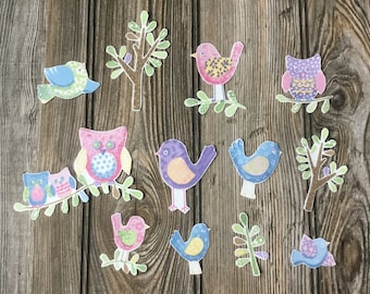 12 Piece of Birds, Owls & Trees Iron-On Cotton Fabric Appliques Collages, Embellishments, Kantha, Boro, Slow-Stitching