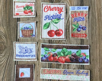 8 Vintage Signage Delicious Cherry, Strawberry, Raspberry, Blue Berry fruit Cotton Fabric Iron-On Appliques