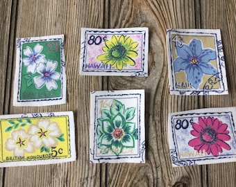 6 Piece Tropical Flower Mail Stamp Iron-On Cotton Fabric Appliques - Collage, Embellishments, Kantha, Boro-Stitching, Slow-Stitching