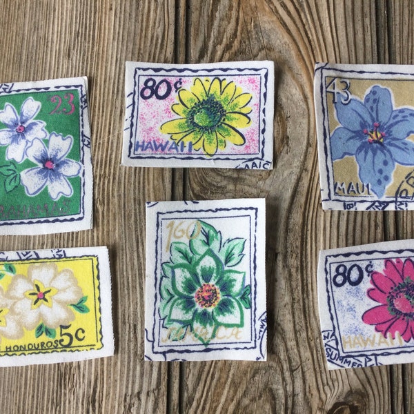 6 Piece Tropical Flower Mail Stamp Iron-On Cotton Fabric Appliques - Collage, Embellishments, Kantha, Boro-Stitching, Slow-Stitching