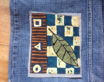 Leaf with Checker Pattern Background Cotton Applique for Sew-On Project (no heat n bond) - Collage, Slow-Stitching, Kantha, Boro-Stitching
