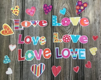 21 Piece of Word "LOVE", Big & Small Heart Iron-On Cotton Fabric Appliques - Valentine's Day
