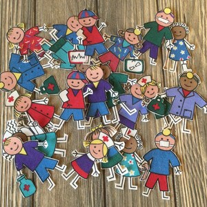 May include: A collection of colorful felt appliques depicting people in various professions, including doctors, nurses, and teachers. Each applique features a smiling face and simple clothing details.