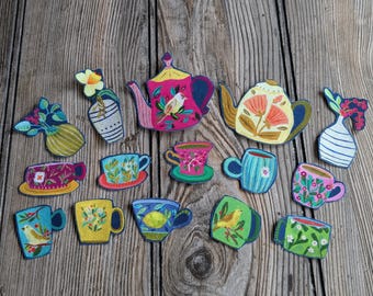 15 Pieces of Little Teapot, Coffee Mug, Flower Vase Iron-On Cotton Applique Fabric Patches for DIY Projects