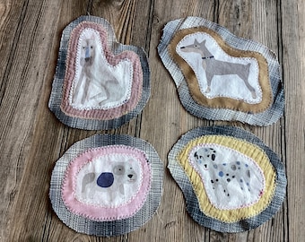 4 Dog Patch Set - Boho Hippie Whimsical Animal Dog Patches for Collage, Embellishments, Quilt, Applique, Slow-Stitching and more