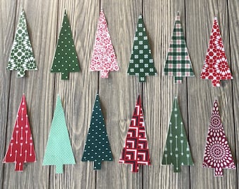 12 Piece Green and Red Christmas Tree Iron-On Cotton Fabric Appliques