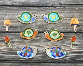 10 Adorable Snail & Wild Mushroom Iron-On Cotton Fabric Appliques - Just Peel and Iron-on