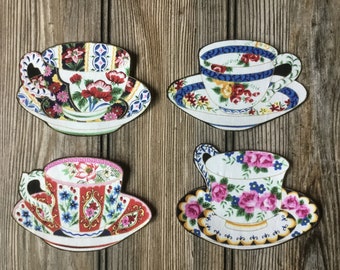 4 English Victorian Teacup and Saucer Iron-On Cotton Fabric Appliques - Embellish Pillow, Patchwork, Quilting & more