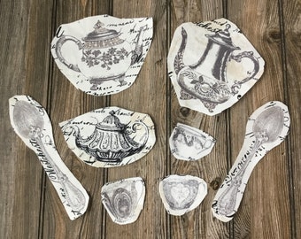 8 Big Piece of Teacups, Teapots & Spoon Iron-On Cotton Fabric Appliques