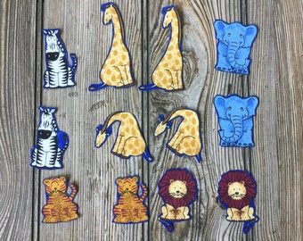 12 Piece Zebra, Elephant, Giraffe, Tiger, Lion Safari Animal Iron-On Cotton Fabric Appliques