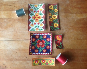 5 Folk Art Flower Design Iron-On Cotton Fabric Appliques