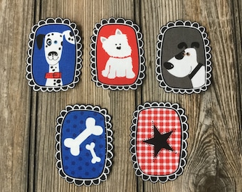 Black, Blue and Red Dogs, Heart and Star Iron-On Cotton Fabric Appliques for DIY Projects - 5 pieces