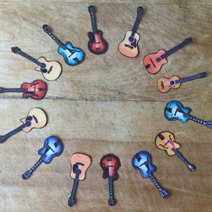 14 Small Guitar Music Instrument Iron-On Cotton Fabric Appliques - Fabric Collage, Art Journaling, Patches for Cloths, Purses and more