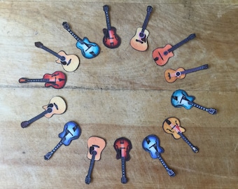 14 Small Guitar Music Instrument Iron-On Cotton Fabric Appliques - Fabric Collage, Art Journaling, Patches for Cloths, Purses and more