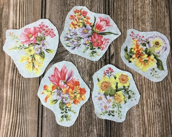 5 Flower Bouquet Iron-On Cotton Fabric Appliques - Collage, Embellishments, Kantha, Boro-Stitching, Slow-Stitching, Art Journaling