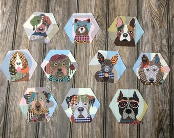 10 Hexagon Dog Iron-On Cotton Fabric Appliques for DIY Projects, Slow Stitching, Embroidery, Embellishment, Patchwork, Quilting & more