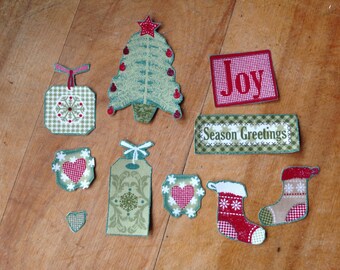 10 Piece Christmas Tree, Gift Tag, Stocking Iron-On Cotton Fabric Appliques For DIY Projects