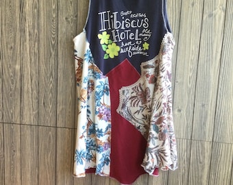 Upcycled Women's Bohemian Artwear A-Line Shabby Tunic Dress, Long Tank Lagenlook Dress - Medium