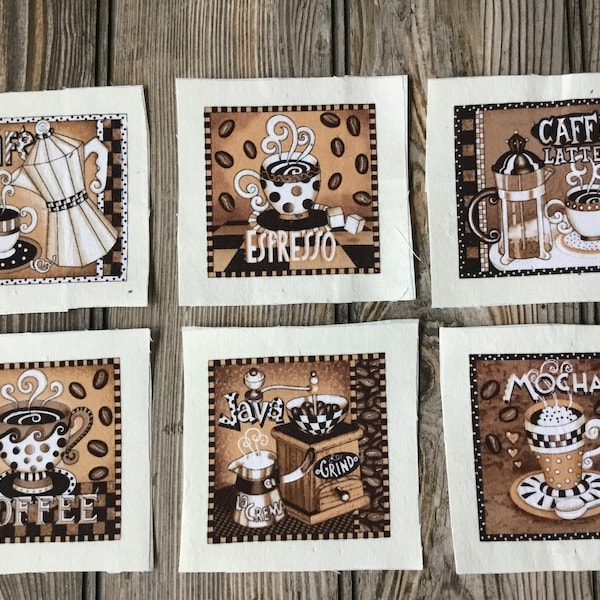 6 Mocha Espresso Java Cafe Coffee Latte Art Iron-On Cotton Fabric Appliques - Collage, Embellishments, Boro-Stitching, Slow-Stitching