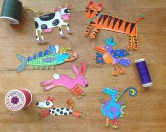 7 Bright Tiger, Cow, Chicken, Dog, Rabbit & More Animal Iron-On Cotton Fabric Appliques