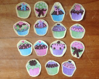 15 Piece Sparkling Party Cupcake Iron-On Cotton Fabric Appliques For Collages, Embellishments, Slow-stitching