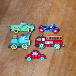 5 Piece Toy Car, Train, Fire Truck Iron-On Cotton Fabric Appliques For DIY Projects