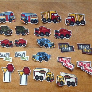 22 Piece of Little Car, Bus and Truck Theme Iron-On Cotton Applique Fabric For DIY Projects