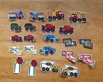 22 Piece of Little Car, Bus and Truck Theme Iron-On Cotton Applique Fabric For DIY Projects
