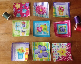 9 Piece 4.25" x 4.25" Square Patch Bright Flower Iron-On Cotton Fabric Appliques, Collage, Embellishments, Kantha, Boro, Slow-Stitching