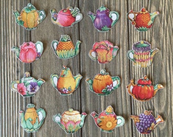16 Cottage Country Garden Teapots Iron-On Cotton Fabric Appliques - Eggplant, Pineapple, Grapes, Pumpkin & More
