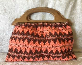 Vintage Handmade Knitted Fabric and Lined Handbag with Wooden Handle Salmon & Brown