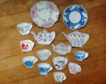 14 Piece Coffee Tea Cup, Teapot and Dish Plate Saucer Iron-On Cotton Fabric Appliques For Collages, Slow-Stitching, Kathan, Embellishments