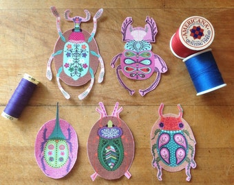 5 Bright Colorful Beetles Iron-On Cotton Fabric Appliques