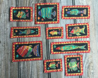 10 Rich Color Framed Fish Iron-On Cotton Fabric Applique Patches - Just Peel and Iron