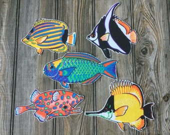 5 Big Tropical Fish Iron-On Cotton Fabric Applique Patches