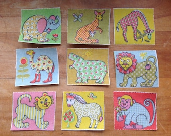 9 Piece Elephant, Giraffe, Monkey, Lion, Camel, Horse, kangaroo,  Hippo, Tiger and Jaguar Animal Iron-On Cotton Fabric Appliques, Collage
