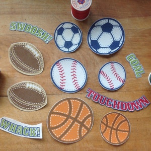 12 Soccer, Baseball, Basketball and Football Iron-On Cotton Fabric Appliques