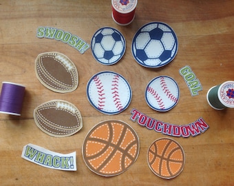 12 Soccer, Baseball, Basketball and Football Iron-On Cotton Fabric Appliques