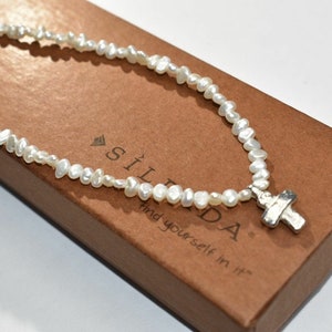 Silpada Halskette RARE Süßwasserperle Bead Kreuz Anhänger 925 Sterling Silber im Ruhestand
