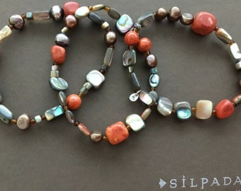 Silpada Stretch Bracelets Coral Pearl Shell 3 piece Set Tuscan Sun, Rare Silpada Bracelet Set, Retired Silpada