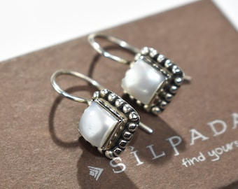 Silpada 925 Sterling Silver Button Pearl Framed Earrings