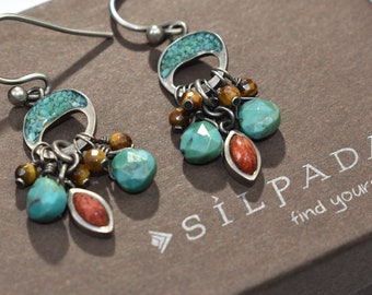 Silpada RARE retired sterling silver turquoise coral agate and river stone dangle drop earrings